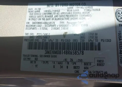 2008 Mercury Milan V6 Premier z USA, uszkodzony, nr VIN 3MEHM08148R658578